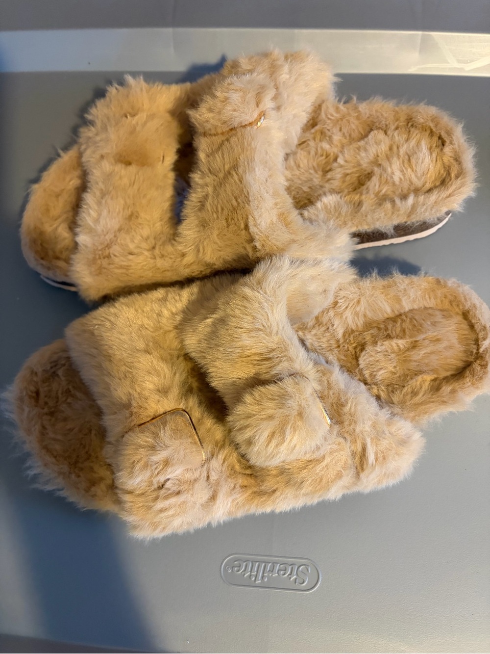 Plush Crisscross Slide Slippers - Taupe Faux Fur